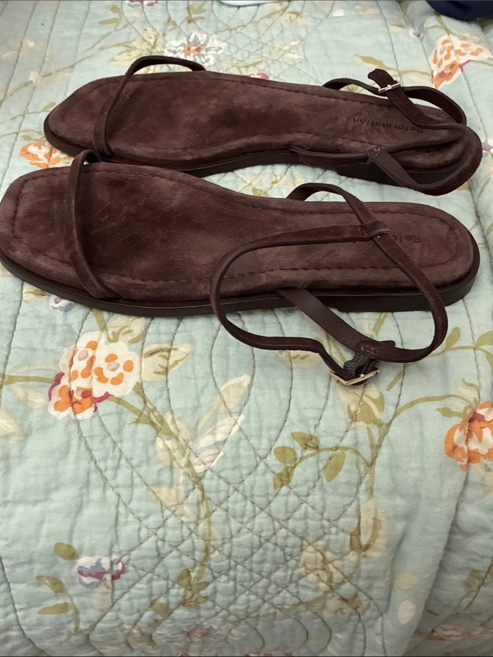 Reformation Chocolate Brown Suede Strappy Square-Toe Sandals